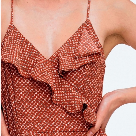 Rust Retro Ruffles Faux Wrap Racer Back Cute Dress - Picture 6 of 8